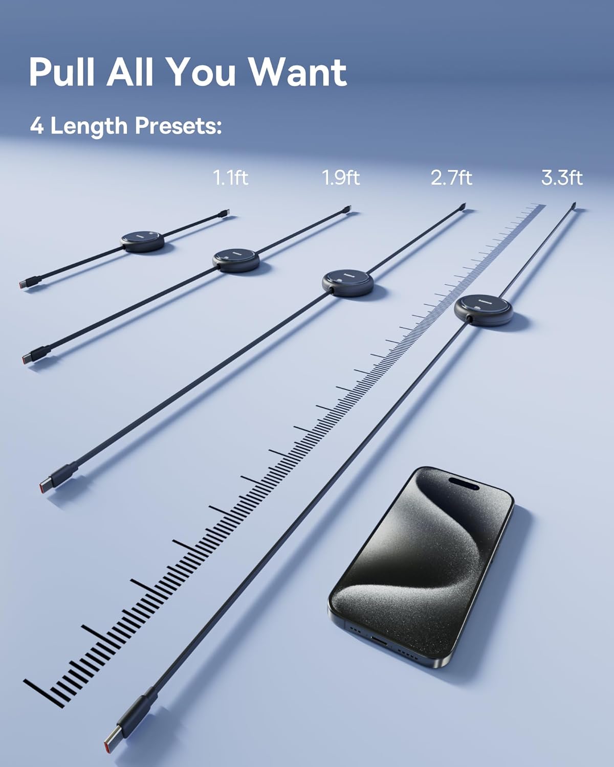 Baseus USB C to USB C Cable, 100W Retractable USB C 5A Fast Charging Cable, 4-Stage Length Preset USB Type C Charger Cord for iPhone 16 15 Pro Plus Pro Max, MacBook, iPad, Samsung S24/S23+ (3.3ft)