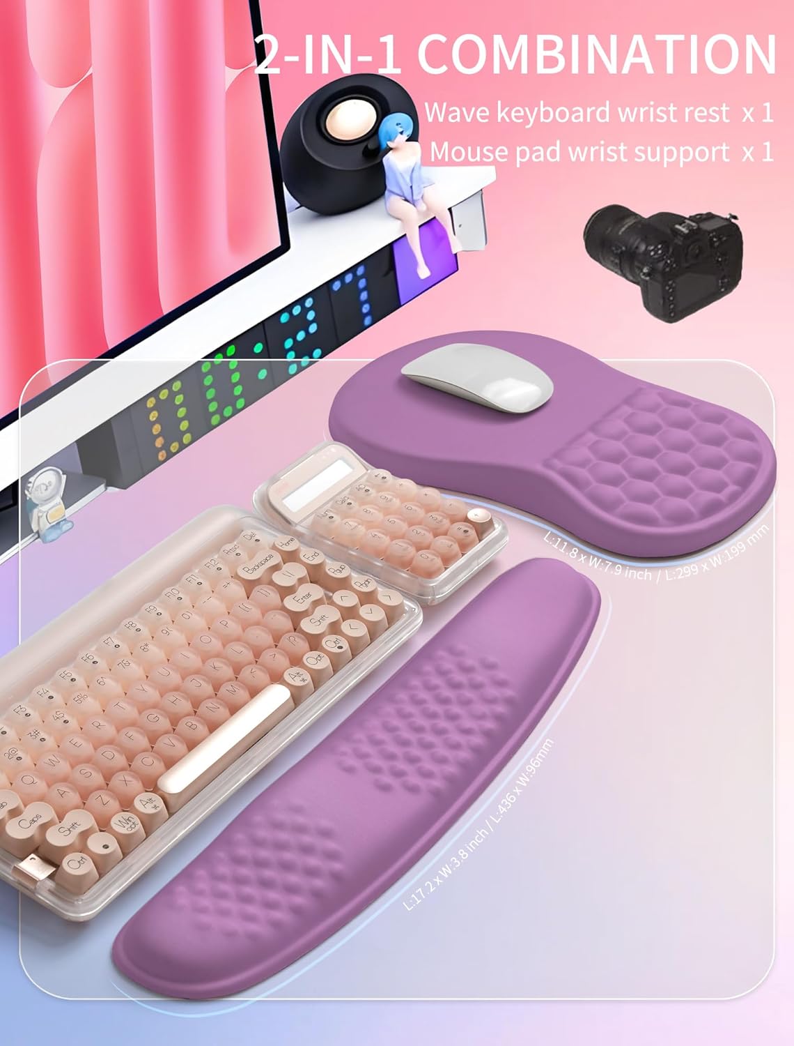 Hokafenle 2in1 Combination, Wave Keyboard Wrist Rest and Ergonomic Curvature Mouse Pad Wrist Support for Relieve Wrist Pain, Filled with Soft Cushion Memory Foam, Purple Lilac