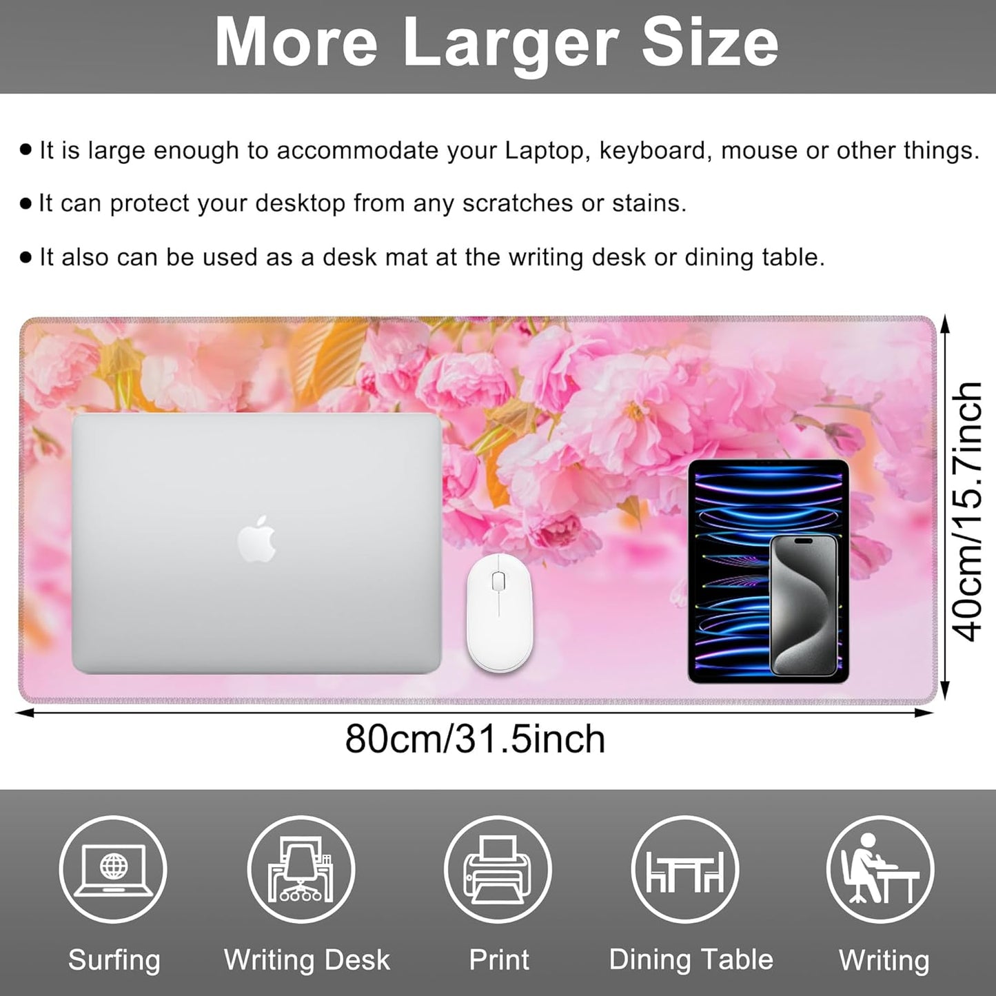 Mouse Pad, Large Pink Sakura and Butterfly Desk Mat, Extended Non-Slip Gaming Keyboard Mousepad Desk Pad, Thick Stitched Edges Waterproof Mouse Mat 31.5"x15.7" (Blossoming Cherry Flowers)