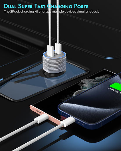 iPhone 16 Car Charger,2Pack Dual Port USB C Fast Car Charger Type C Rapid Charging Adapter with 2Pack USB C to C Nylon Braid Cable Woven Cord Fast Charging for iPhone 16/16 Pro/15/15 Pro Max/iPad