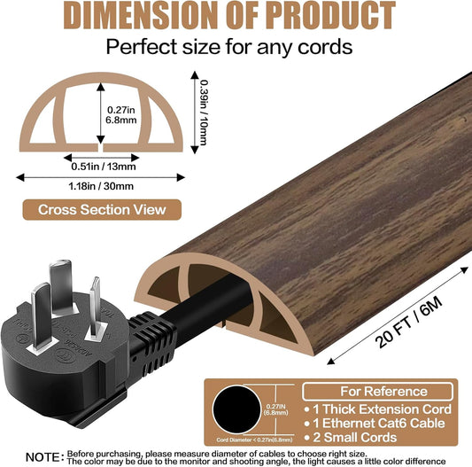 Floor Cord Cover Self Adhesive Cord Hider,20FT Cable Management, Extension Strip Protector for Wires, Prevent Cable Trips for Offices, Gyms, Exhibitions Cavity:0.39"(W) x 0.27"(H) Wood Walnut