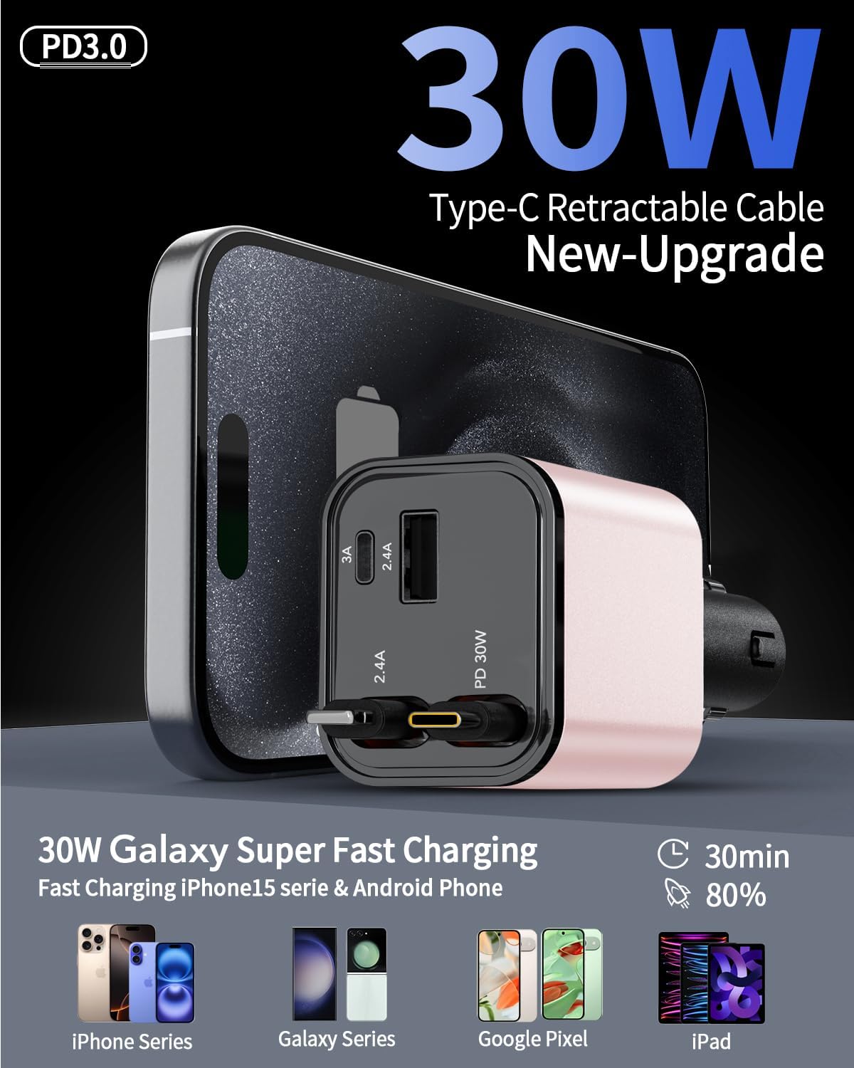 Retractable Car Charger, 4 in 1 Fast Car Phone Charger 69W, 2 Retractable Cables and 2 USB Port, Compatible with iPhone 16/15/14/13/12/11,Galaxy,Pixel