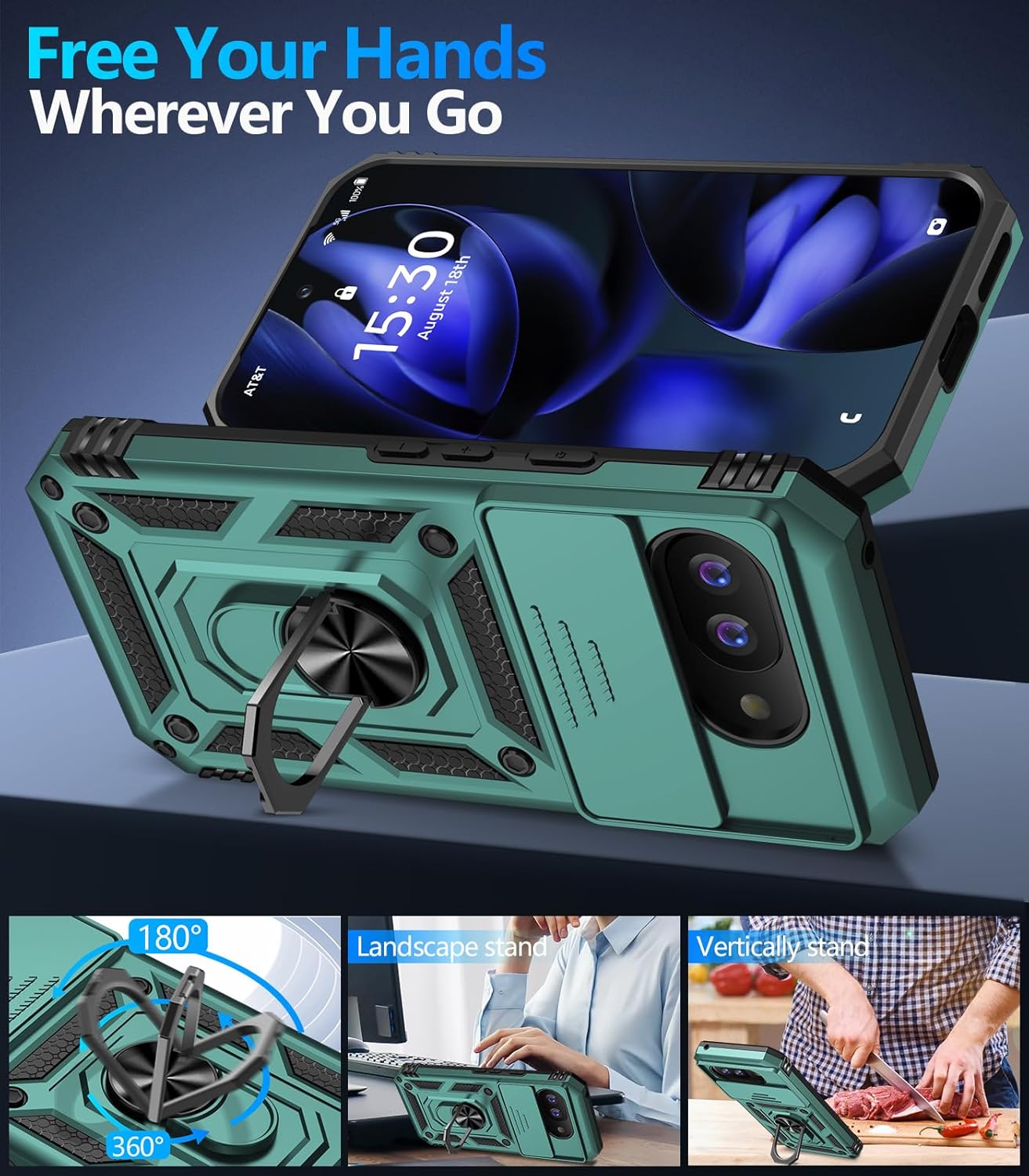 Taisairu for Google Pixel 9A Case with Screen Protector & Slide Camera Lens Cover,Built-in 360°Rotate Magnetic Ring Stand Shockproof Protective Phone Case for Google Pixel 9A Case (Green)