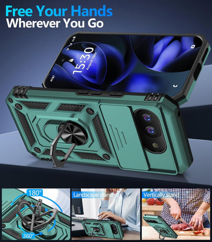 Taisairu for Google Pixel 9A Case with Screen Protector & Slide Camera Lens Cover,Built-in 360°Rotate Magnetic Ring Stand Shockproof Protective Phone Case for Google Pixel 9A Case (Green)