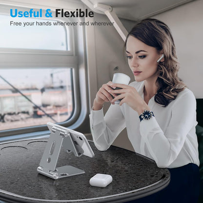 OMOTON Foldable Cell Phone Stand, C4 Portable Aluminum Phone Holder, Adjustable Phone Dock Cradle Compatible with iPhone 16/15/14 Pro Max, Samsung Galaxy, Small Tablets and Other Phones, Grey