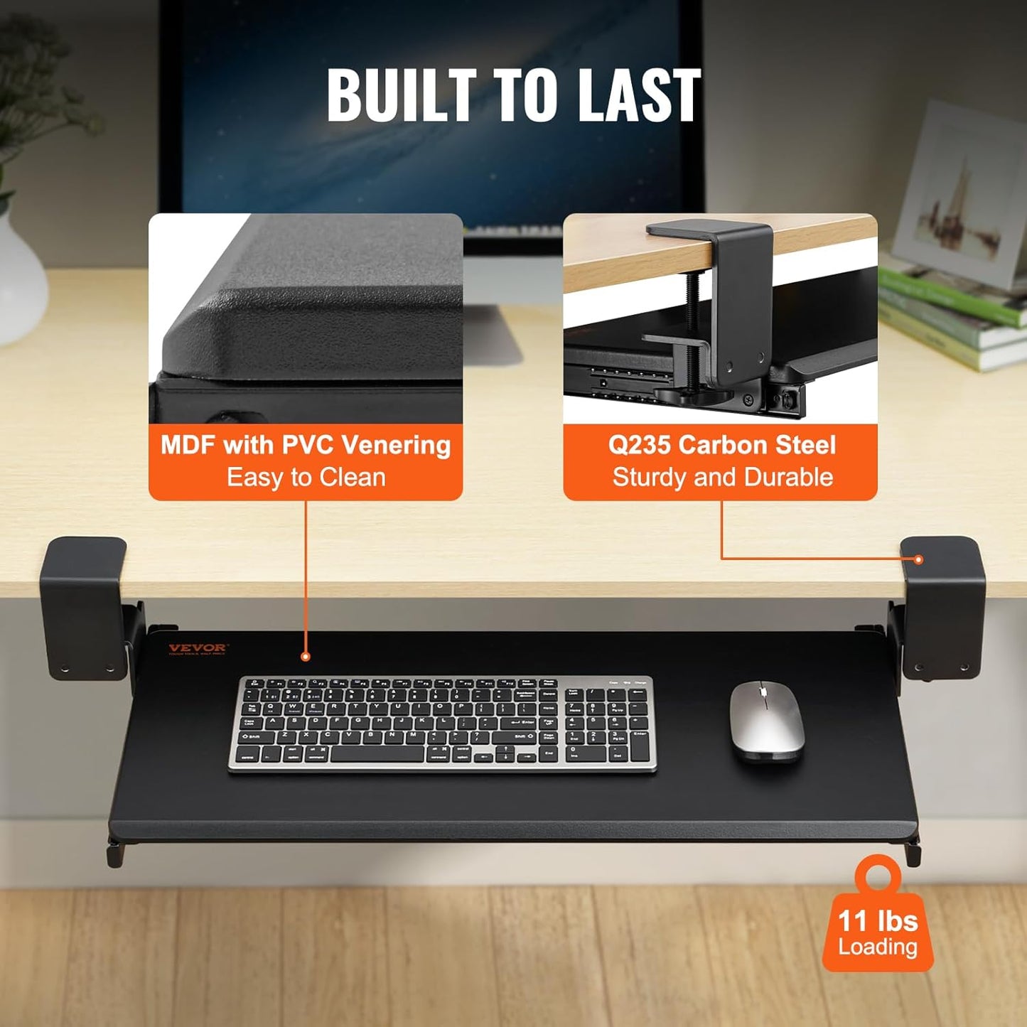 VEVOR Clamp on Keyboard Tray Under Desk, Desk Keyboard Tray Slide Out with Sturdy No-Drill C Clamp Mount, Large 26.8 x 11 inch Slide-Out Computer Drawer for Typing in Home, Office Work