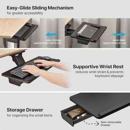 Keyboard Tray Under Desk with Storage Drawer, Height Adjustable Keyboard Tray Slide Out Swivel Tilt, Ergonomic Under Desk Mount Keyboard & Mouse Holder for Gaming Home Office, 25x11'', Black
