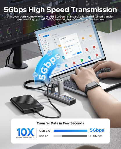 ORICO Aluminum 7-Port USB Hub with 3.28Ft Cable, Multiple USB 3.0 Hub, 5Gbps Data Transfer, 5V 3A Type-C Port, UBS-A Splitter for PC, Laptop, Desktop