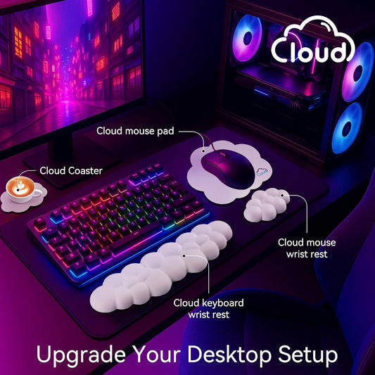 Cloud Wrist Rest for Computer Keyboard, 4-in-1 Memory Foam Leather Cloud Keyboard Wrist Rest and Mouse Pad Set with Ergonomic Support for Arm and Palm Cushion, Gaming/Work Setup, White