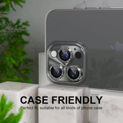 Choiche Compatible for iPhone 16 Pro/iPhone 16 Pro Max Camera Lens Protector, Bling Camera Cover with 9H Tempered Glass Lens Screen Protector Metal Ring Decoration Accessories(Clear-Black)