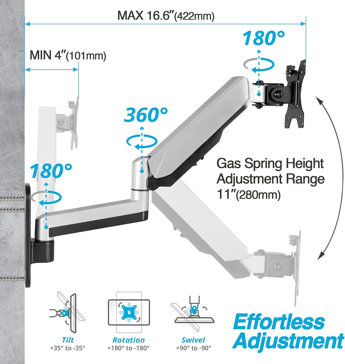 AVLT Single 13"-32" Monitor Wall Mount fits One Flat/Curved Computer Monitor Full Motion Height Swivel Tilt Rotation Adjustable Monitor Arm - VESA/Cable Management