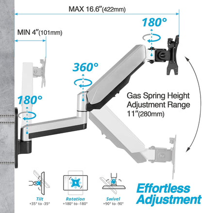 AVLT Single 13"-32" Monitor Wall Mount fits One Flat/Curved Computer Monitor Full Motion Height Swivel Tilt Rotation Adjustable Monitor Arm - VESA/Cable Management