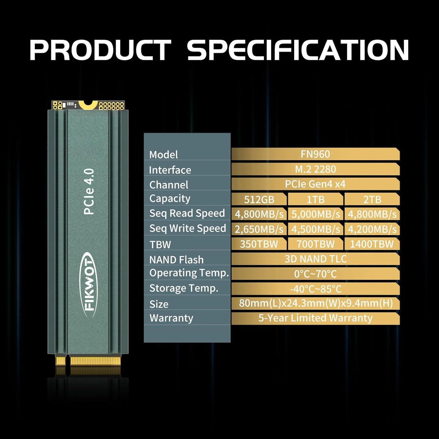 FN960 512GB M.2 2280 PCIe Gen4 x4 NVMe 1.4 Internal Solid State Drive with Heatsink - Speeds up to 4,800MB/s, Dynamic SLC Cache, Compatible PS5 Internal SSD