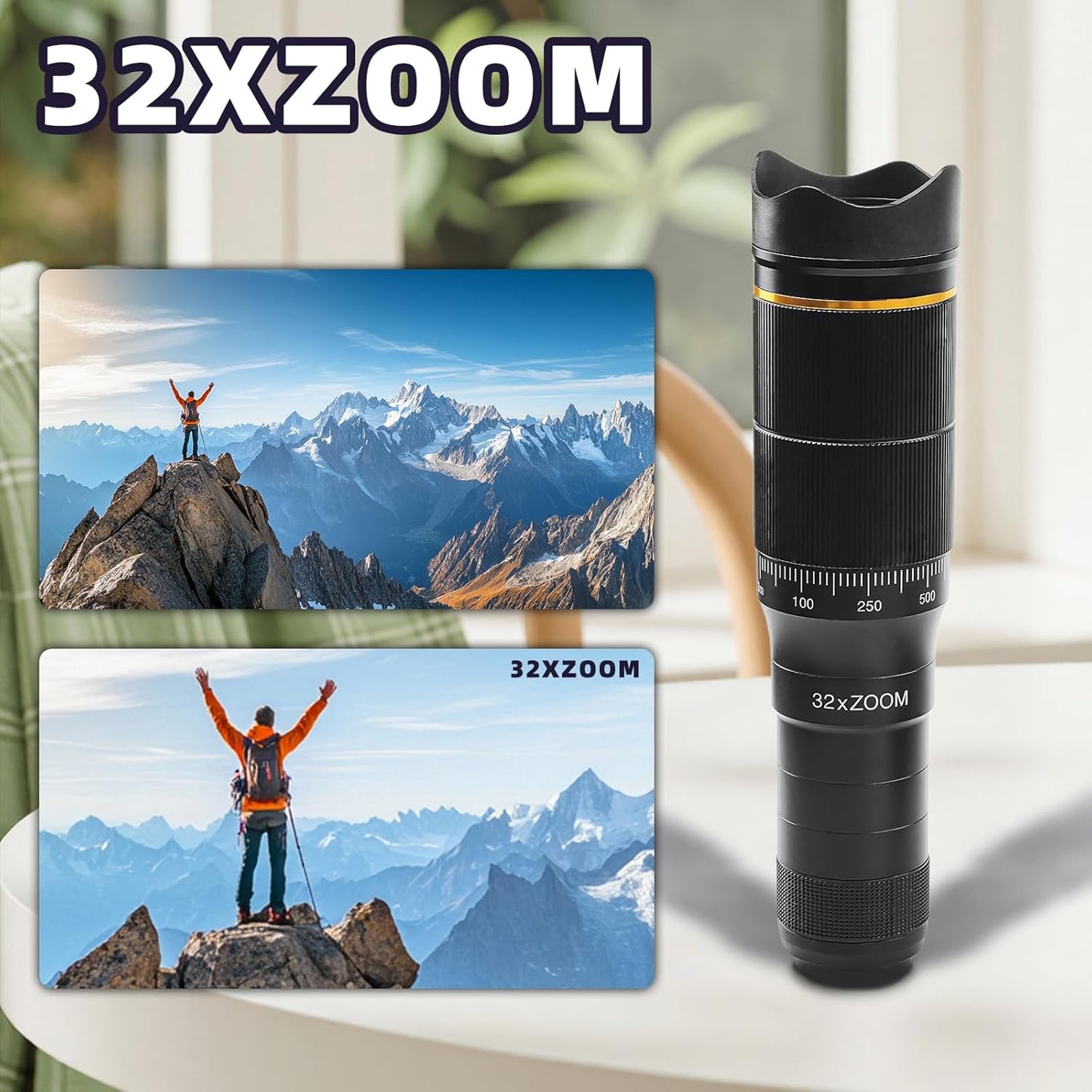 Phone Camera Lens Kit, 32X Long Focus Telephoto, Portable Clip-on HD Phone Zoom Telescope Lens, 0.63X Wide Angle Lens, 198° Fisheye Lens, with Universal Clip and Tripod, for Photo Videos