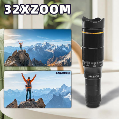 Phone Camera Lens Kit, 32X Long Focus Telephoto, Portable Clip-on HD Phone Zoom Telescope Lens, 0.63X Wide Angle Lens, 198° Fisheye Lens, with Universal Clip and Tripod, for Photo Videos