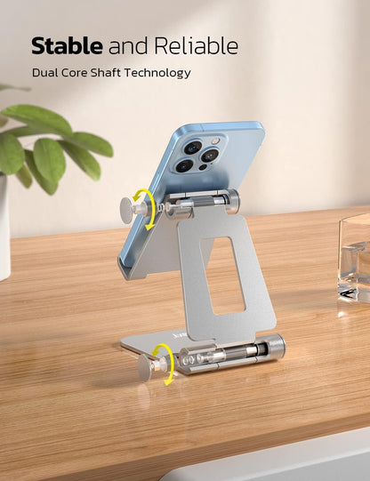 Nulaxy 2 Pack Dual Folding Cell Phone Stand, Fully Adjustable Foldable Desktop Phone Holder Cradle Dock Compatible with iPhone 17 16 15 14 13 12 Pro Max Xs Xr, All Phones, Silver