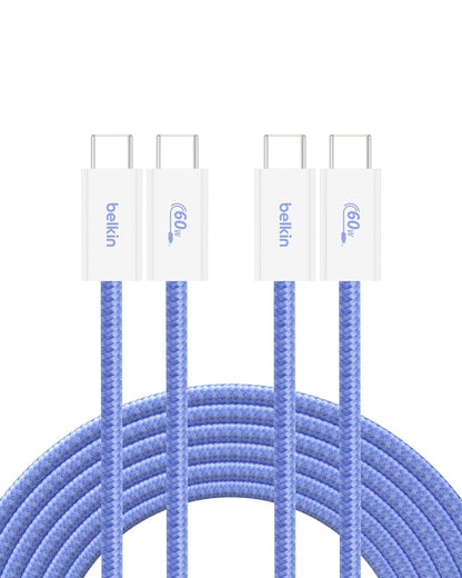 Belkin USB C to USB C Cable 2-Pack, 9.9ft, 60W - Type C Charger, iPhone Charger Cord, Soft, Braided, Flexible for iPhone 16, Galaxy S25, Pixel 9, Airpods, iPad Pro & More, Travel Essentials - Blue