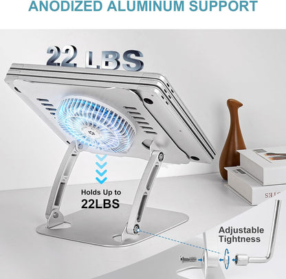 SHUWEI 360° Rotating Laptop Cooling Stand with 3 Speed Fan, Adjustable Height Laptop Stand for Desk, Ergonimic Aluminum Laptop Cooling Pad for 10-15'' Notebook - Silver