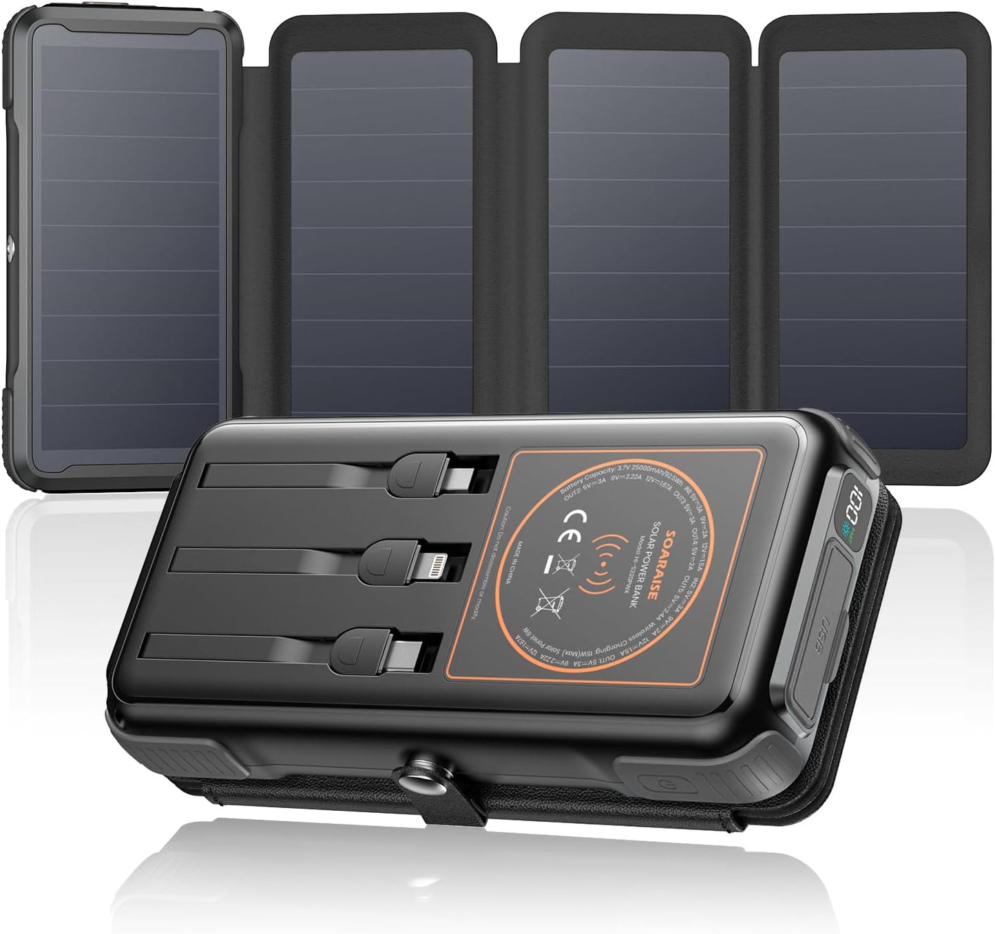 SOARAISE Wireless Solar Power Bank, 25000mAh Solar Charger with Built-in 3 Cables, Dual Outputs, 4 Solar Panels & 3 LED Flashlights, Portable Phone Charger for Outdoor Camping（Black）