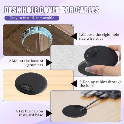 12 Desk Grommet, Desk Hole Cover, Large Capacity, Detachable and Adjustable Cable Organizer, Suitable for Organizing Home and Office Cables (Black, 2 Inches)