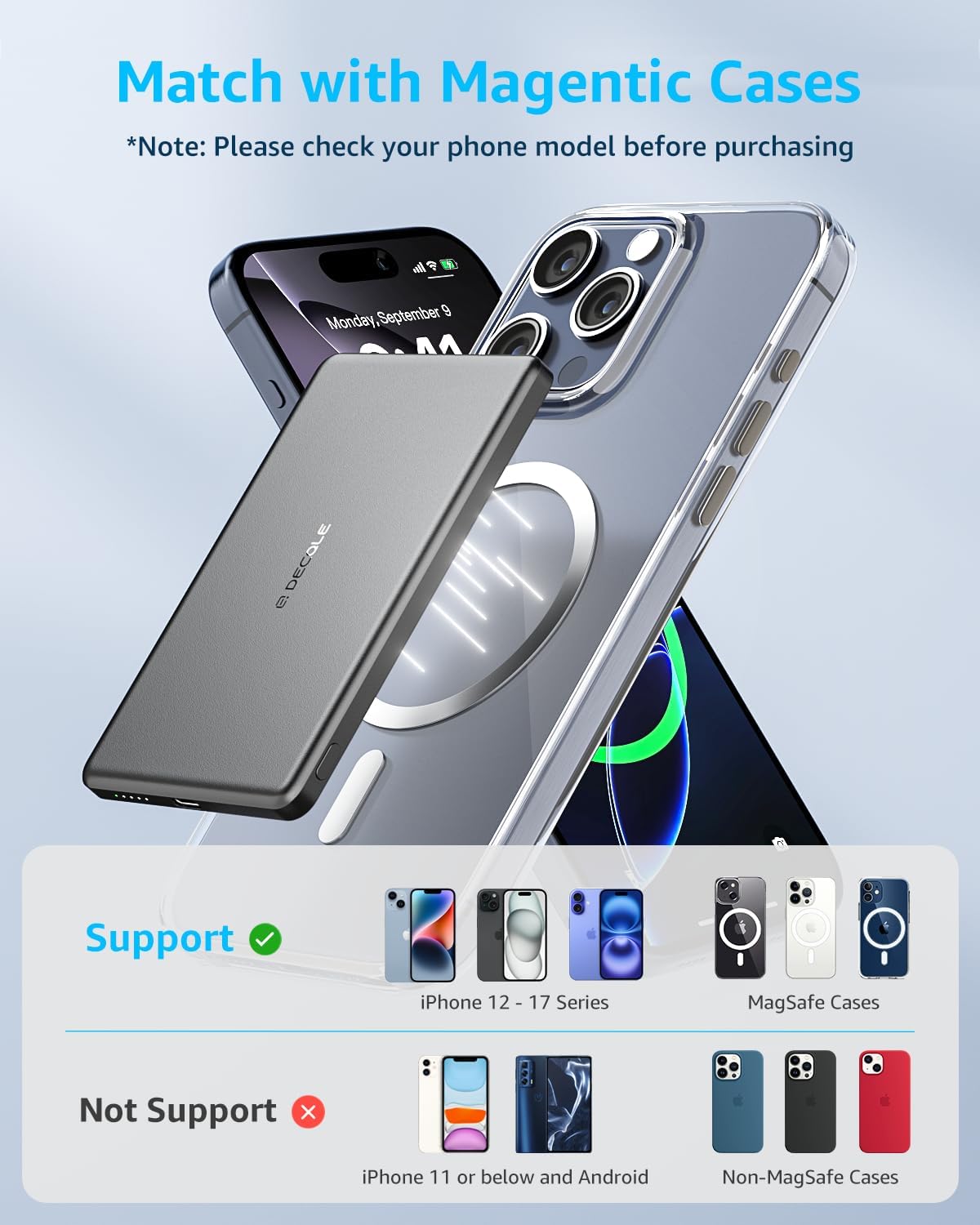 “Air” Power Bank for MagSafe 5000mAh, Ultra Slim Magnetic Wireless Portable Battery Charger Case with USB-C Cable, Compatible with iPhone 17/16/15/14/13/12 Series Only (Grey)