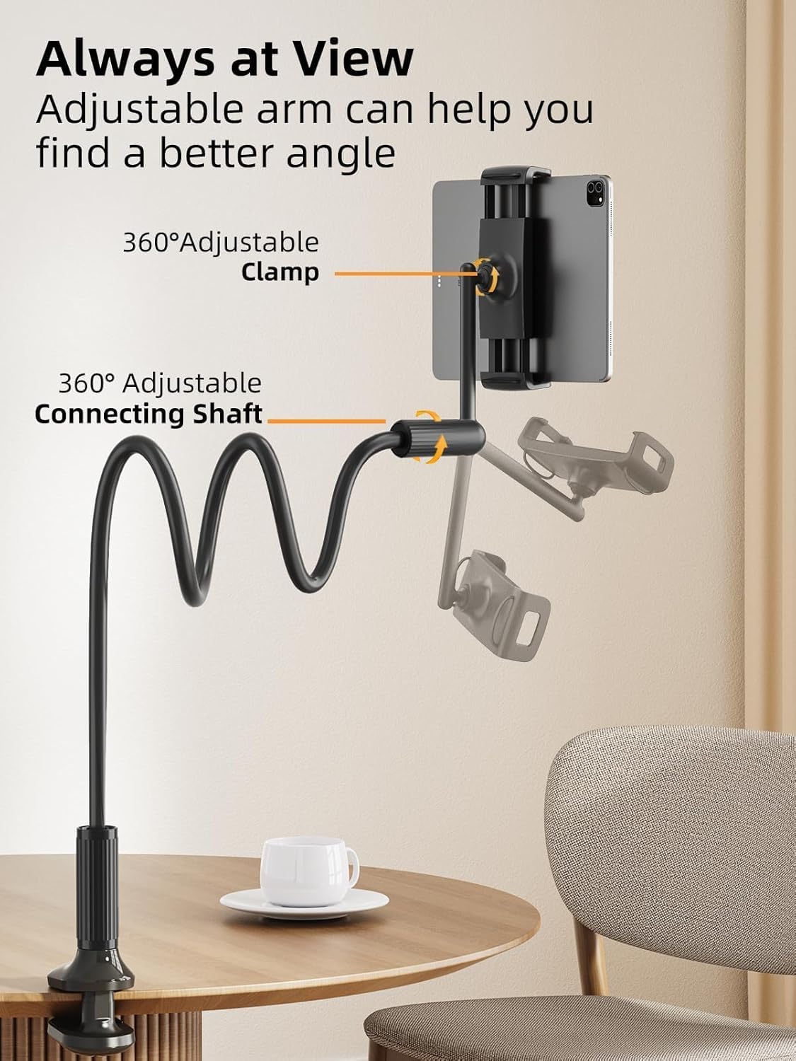 SAIJI 47" Gooseneck Kindle Holder, Tablet Holder for Bed with Upgraded Base, iPad Stand with Flexible Lazy Arm, Compatible with iPad/iPhone/Kindle/Switch or Other 4.7-13" Device (Black)