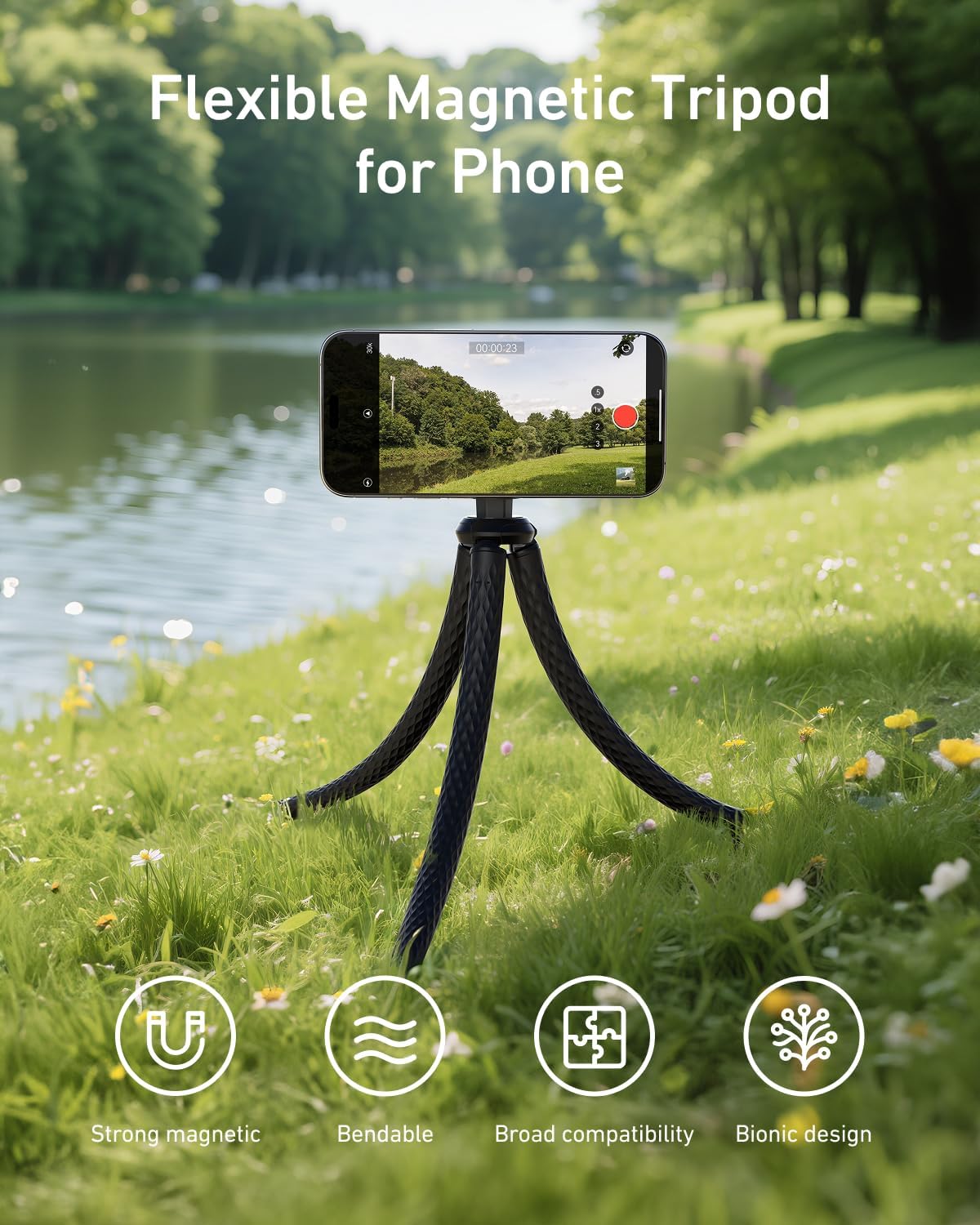 TELESIN Magnetic Flexible Tripod for iPhone, Mini Bendable Tripod Phone Stand for Magsafe Stroller Treadmill Tube Motorcycle Arm Phone Holder Selfie Stick for Video Recording for Phones Action Camera