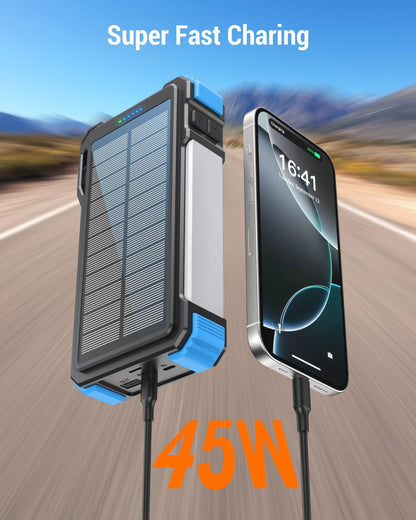 BLAVOR 45W Solar Charger Power Bank - 74000mwh Wireless Portable Charger Built-in Cables, PD QC Fast Charging Battery Pack with USB C for Cell Phones, Dual Flashlight & Carabiner for Camping, Hiking