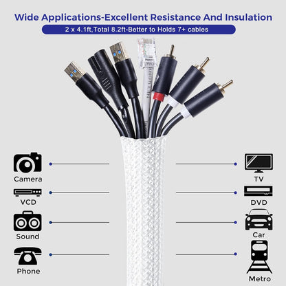 Cable Management Sleeves 1.2in - 2 Pack 4.1ft Split Braided Sleeve White, Hard PE Protectors From Pets, Wire Organizers, Flexible Wrap for Computer Cord Management