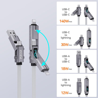 pzoz 4-in-1 USB C Fast Charging Cable with LED Display, Multi USBC Charger Combo Lightning/Type C/USB A Metal Ports for iPhone 16/15/14 Pro Max iPad MacBook AirPods Pro Samsung Google (140W, 5 ft)