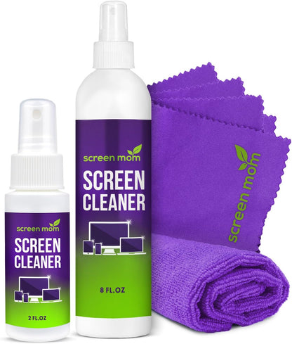 Screen Cleaner Spray and 4 Microfiber Cloths Bundle 8oz & 2oz, by Screen Mom, Eyeglasses or Monitor Screen Cleaner Spray and Wipe, Electronic Cleaner Spray, Car Screen Cleaning Kit