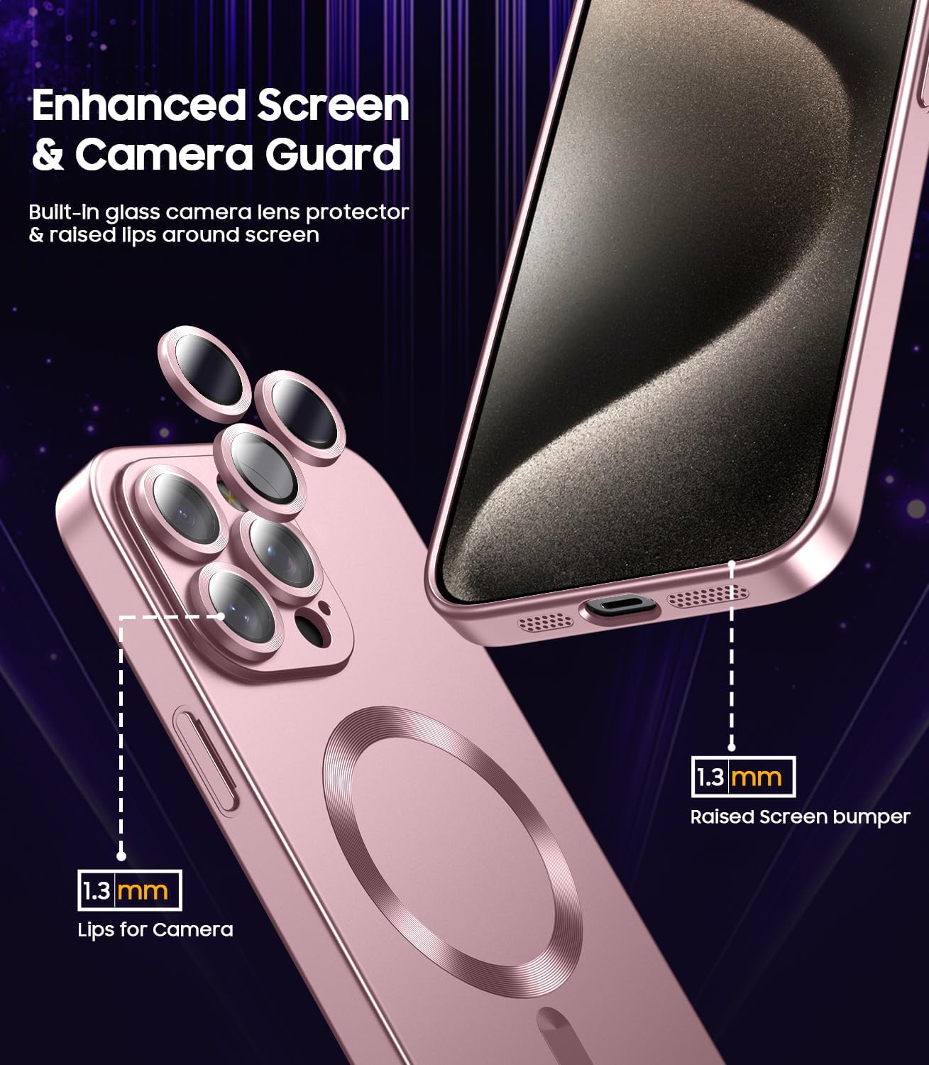 Magnetic for iPhone 15 Pro Max Case [Compatible with MagSafe][Built-in Camera Lens Protector] Slim Soft Silicone Bumper Shockproof Metallic Luster Phone Case (Rose Gold)