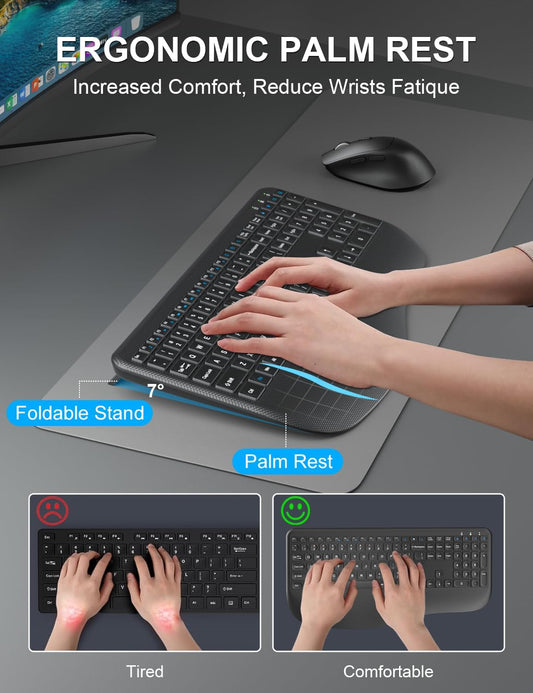 Wireless Keyboard and Mouse Combo, EDJO 2.4G Full-Sized Ergonomic Computer Keyboard with Wrist Rest and 3 Level DPI Adjustable Wireless Mouse for Windows, Mac OS Desktop/Laptop/PC (Carbon Black)