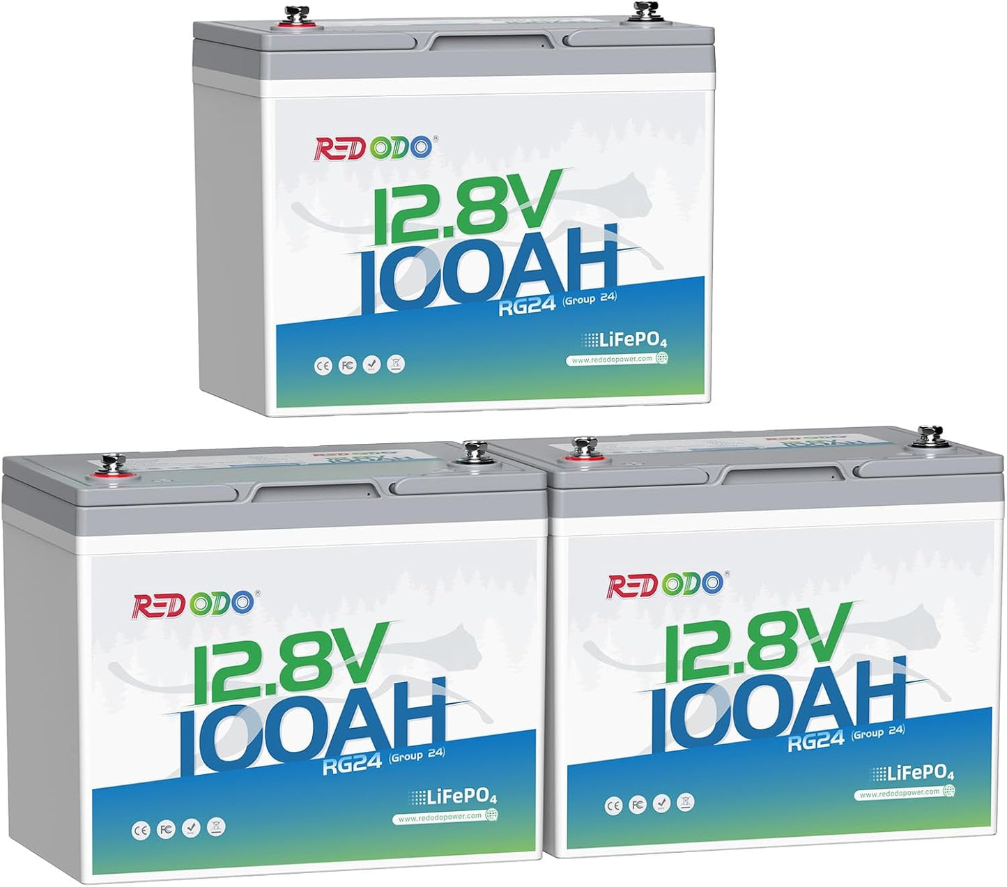 Redodo 12V 100Ah LiFePO4 Battery Group24, 25% Smaller Size, 1280Wh Energy with 100A BMS, 15000+ Cycles, Lightweight Lithium Deep Cycle Battery for RV, Camping, Trolling Motor, Home Storage 3 Pack