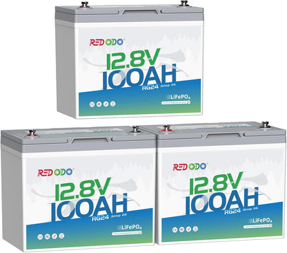 Redodo 12V 100Ah LiFePO4 Battery Group24, 25% Smaller Size, 1280Wh Energy with 100A BMS, 15000+ Cycles, Lightweight Lithium Deep Cycle Battery for RV, Camping, Trolling Motor, Home Storage 3 Pack
