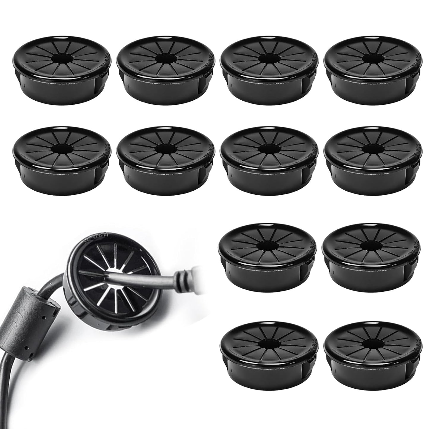 12 Pcs Cable Grommet, Snap Bushing 1-1/4" (32 mm) Mounting Diameter, Flexible Petal-Shaped Buckle Round Nylon Desk Grommet for Wires Through Countertop Cord Organizer and Protection, Black