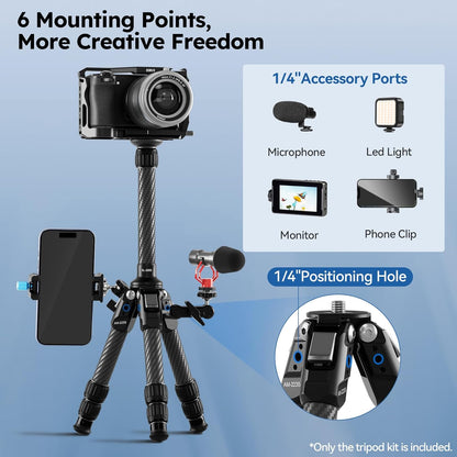 SIRUI Mini Carbon Fiber Tripod with Extendable Center Column, Max Height 26", Supports 33lbs - Ultra-Light 1.7lbs for Desk & Travel, New Anti-Corrosion Carbon Fiber(AM-223S+SL-100S)