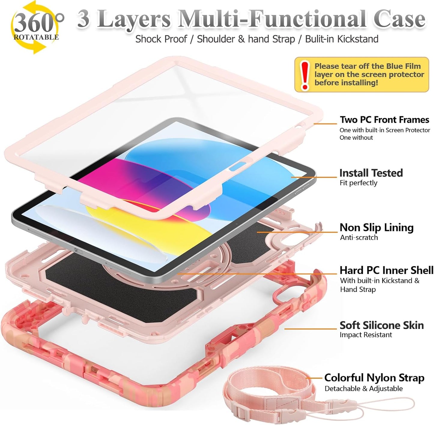 SEYMAC stock Case for iPad (A16) 11th/10th Generation 11''/10.9'' 2025/2022, Full-Body Drop Protection Case with Screen Protector &360° Rotate Hand Strap/Stand, Camo Pink