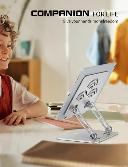Adjustable Tablet Stand for Desk, Premium Aluminum Holder for iPads, Tablets, Kindles, Switch, Phones, and All Devices up to 14 Inches. Portable and Foldable Silver, Plus Size