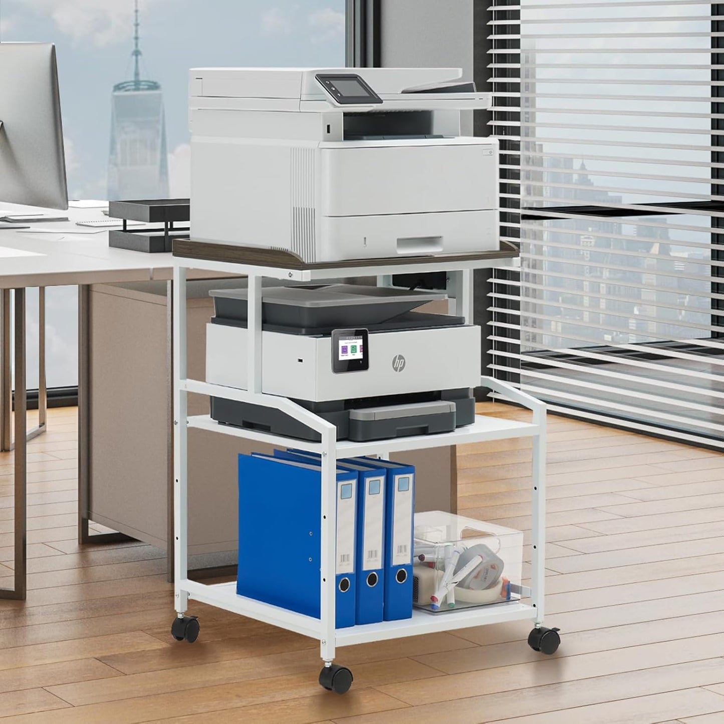 Lauren&Harold 34'' Printer Stand with Power Outlets & USB Ports, 3-Tier Adjustable Rolling Cart, Heavy Duty 150LBS Storage Table with Wheels for Office, Kitchen, Living Room, White