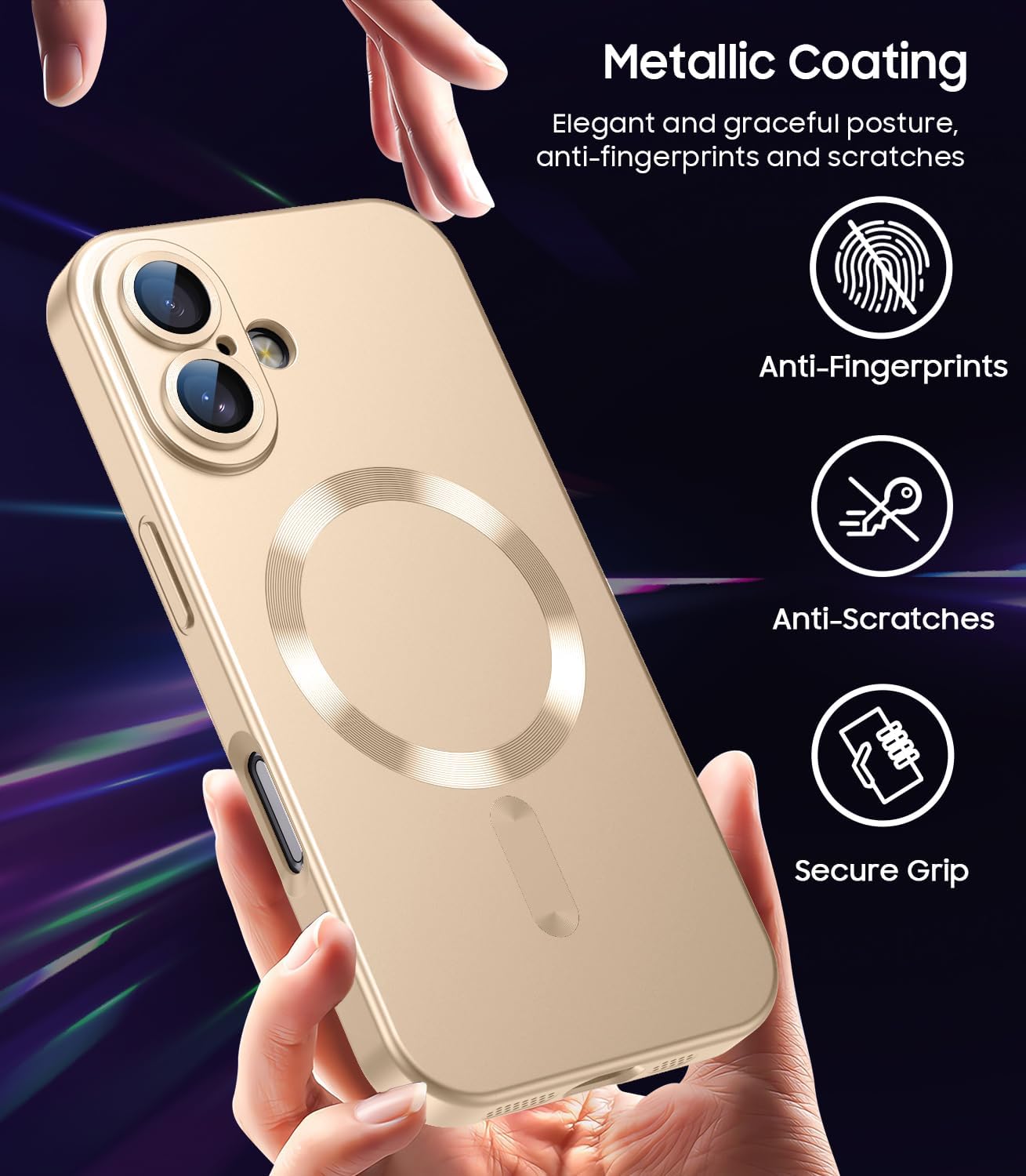 Magnetic for iPhone 16 Case [Compatible with MagSafe][Built-in Camera Lens Protector] Slim Soft Silicone Bumper Shockproof Metallic Luster Phone Case (Gold)