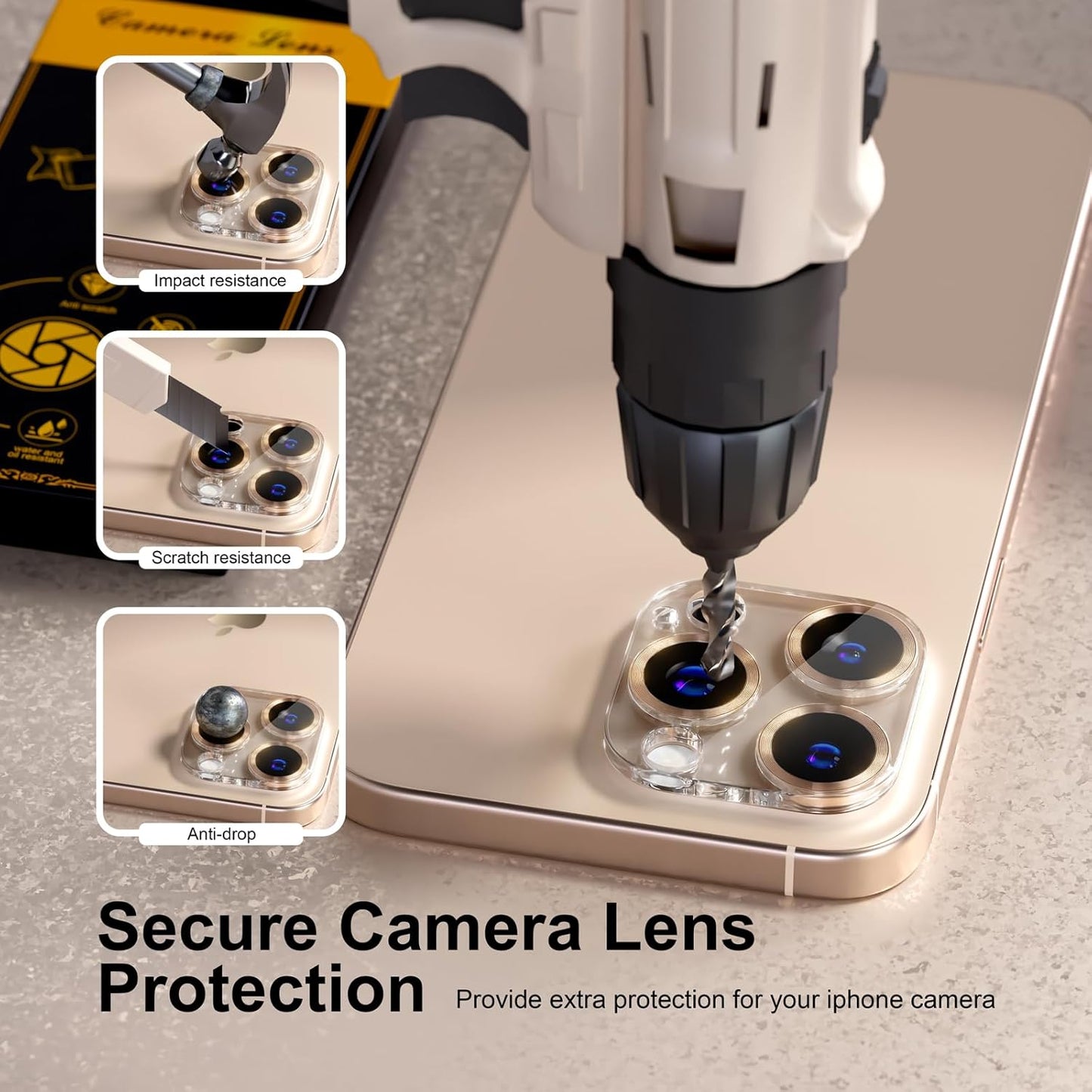 beuxece for 6 Pack iPhone 15 Pro/iPhone 15 Pro Max Camera Lens Protector [Drop Protection] [Case Friendly] [Easy Installation] 9H Tempered Glass Camera Screen Protector Cover, CD Gold