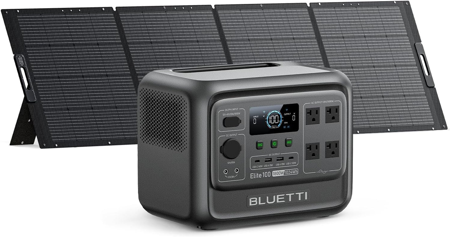 BLUETTI Elite 100 V2 Solar Generator with 350W Solar Panel (Ships Separately), 1024Wh Portable Power Station w/ 4 1800W AC Outlets, 35% Smaller, Ideal for Camping, Emergencies, Backup Power(2025 New).