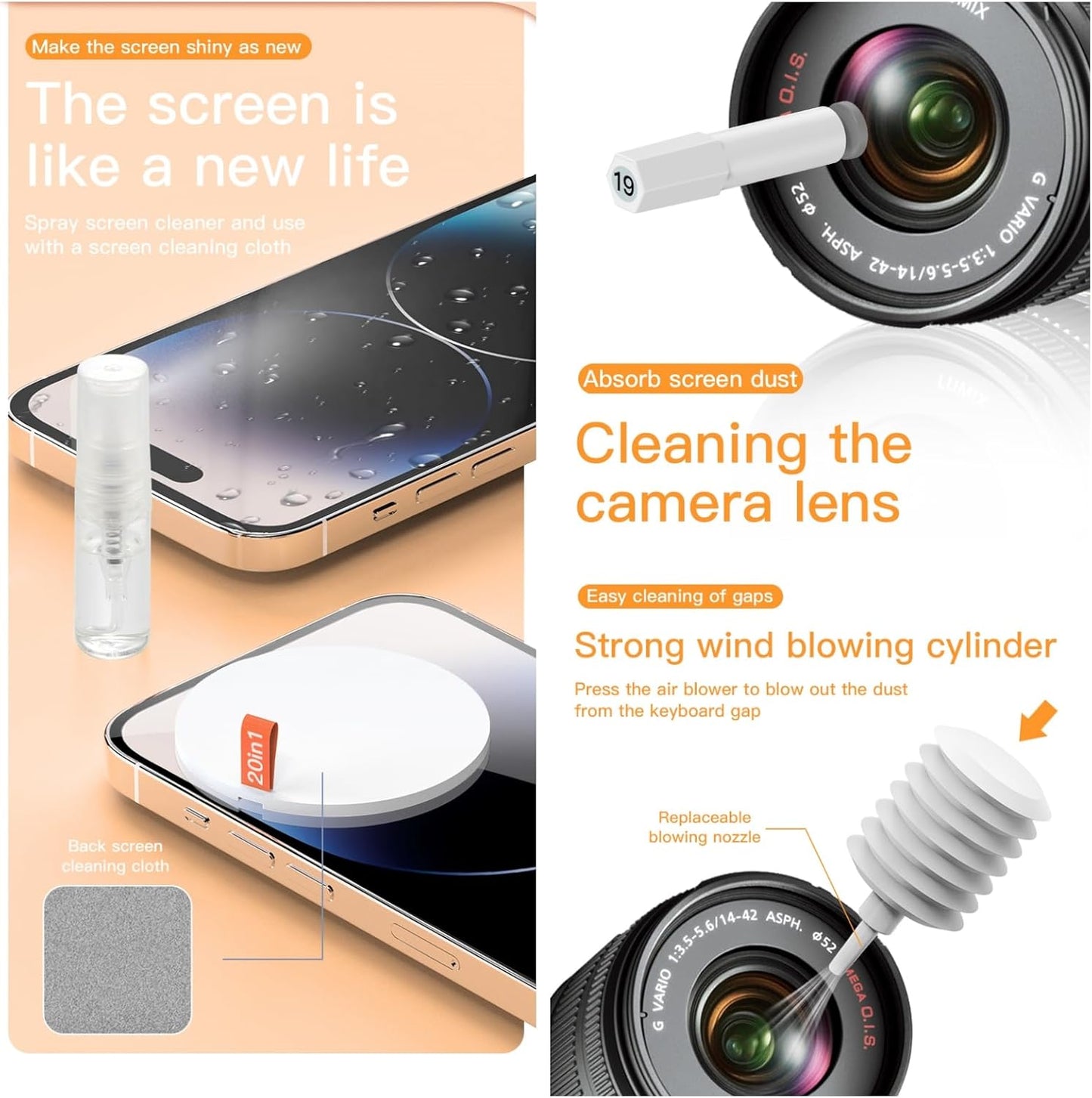 Laptop Phone Screen Cleaner Kit, Computer Keyboard Cleaning Kit, 20 in 1 Electronic Cleaning Kit with Brush and Spray Bottle for Airpods, Earbud, iPad, iPhone, Camera, Computer Cleaner (White)