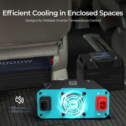 Renogy Inverter P2 1000 watt Pure Sine Wave Inverter, Solar Car Power Inverter 12V to 120V AC Converter for RV, Truck, Camping, Home Backup, Outdoor, Emergency, Off-Grid Living, 16.4FT Remote Control