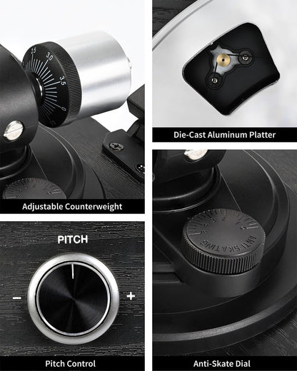 Turntable Vinyl Record Player Support Bluetooth Output Phono/Line Switch Pitch Control with Pre-Installed Counterweight & Magnetic Cartridge, Belt Drive 2 Speed