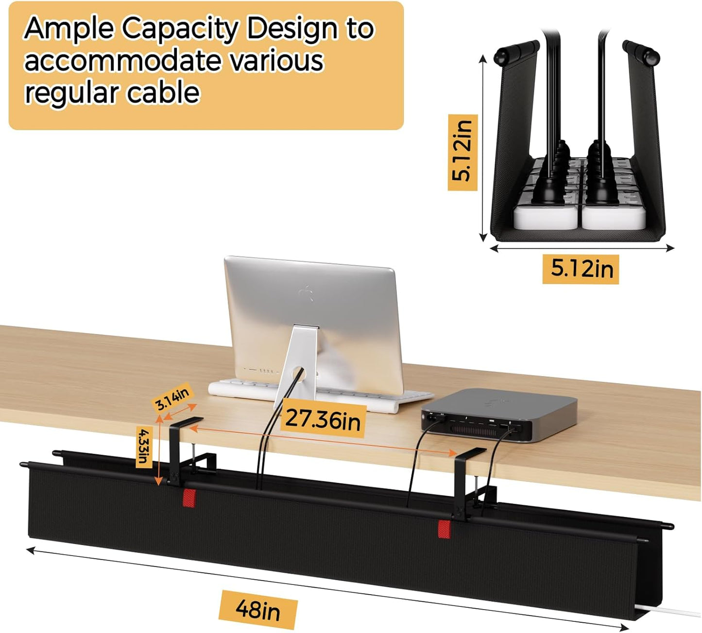 Under Desk Cable Management Tray - 48" Cord Organizer for Desk No Drill, Fabric Under Table Wire Organizer with 16X Cable Ties Hide for Office/Home, Cord Hider Fits Adapters & Sockets, Black