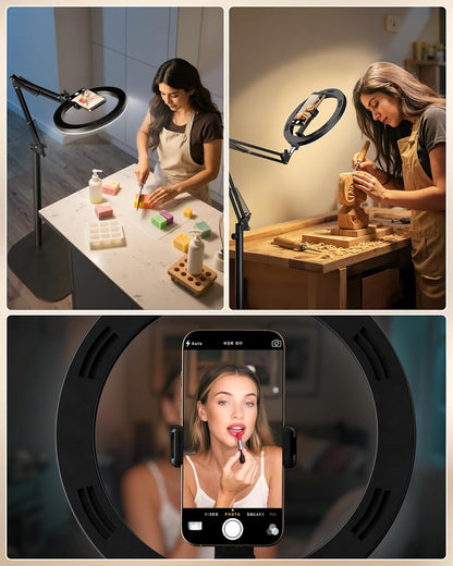 LUXSURE Ring Light Tripod for iPhone with Light,71" Overhead Camera Mount with Phone Holder,Adjustable Ring Light with Stand and iPhone Tripod for Video Recording,Cooking,Painting,TikTok,YouTube