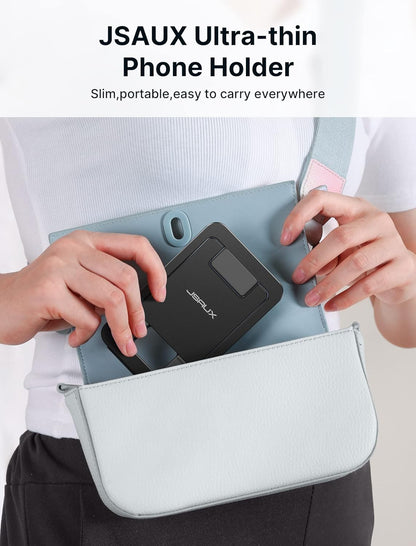 JSAUX Cell Phone Stand, Foldable Aluminum Adjustable Phone Holder for Desk Portable Travel Holder Office Desk Accessories Compatible with iPhone 15 14 13 12 11 Pro Max X Samsung S24 S23 Steam Black