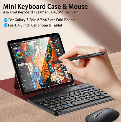 for Samsung Galaxy Z Fold 7 6 5 Keyboard and Mouse, Portable Mini 7.9 inch Bluetooth Keyboard with Leather Case and Capacitive Pen, 4 in 1 Set for Z Fold7 6 Accessories